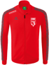 Rote Sportjacke mit Reißverschluss, grauen Zierstreifen an den Ärmeln und dem weißen LHC-Logo auf der Brust.