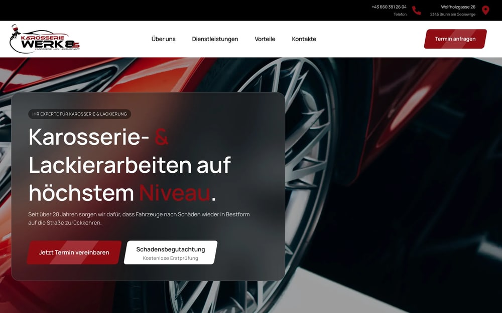 Startseite der Website von Karosseriewerk 85 in Brunn am Gebirge