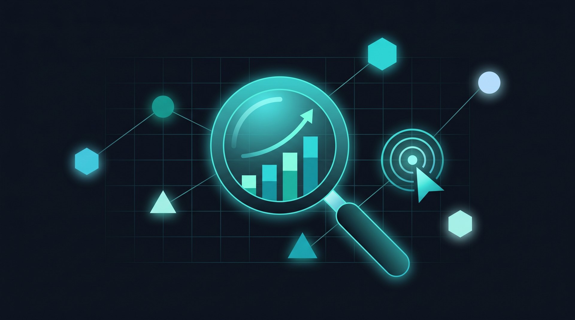 Illustration einer Lupe mit Wachstumsdiagramm und Klick-Symbol als Sinnbild für strategische Google-Ads-Kampagnen