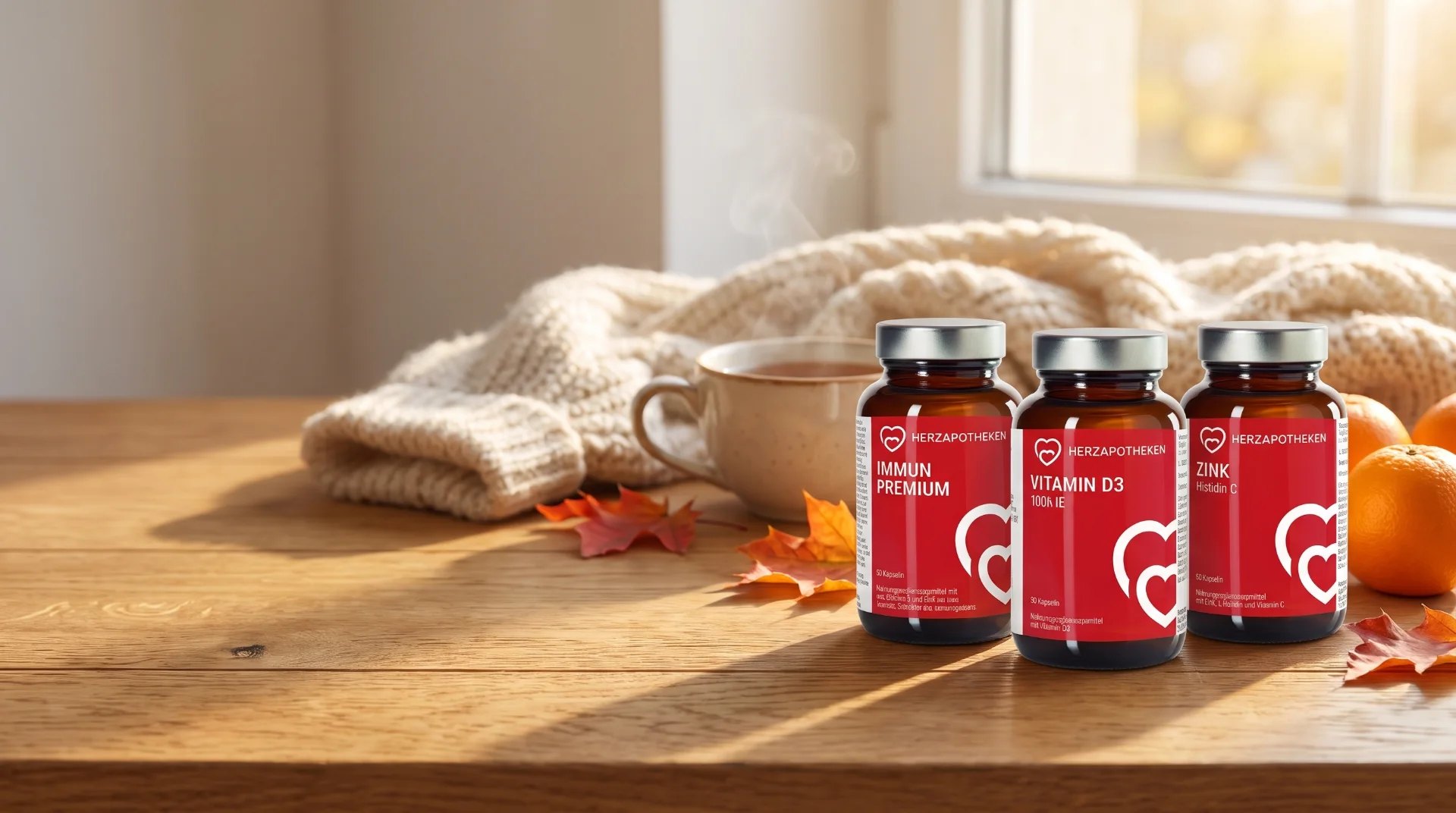 Immun Premium, Vitamin D3 und Zink Histidin C der Herz-Apotheken auf einem Holztisch im Herbstlicht