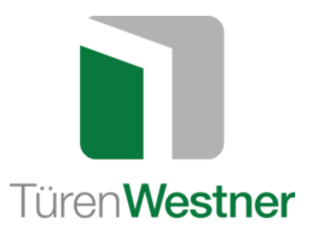 Logo von TürenWestner mit stilisiertem Türrahmen in Grau und Weiß, der Text "TürenWestner" darunter.