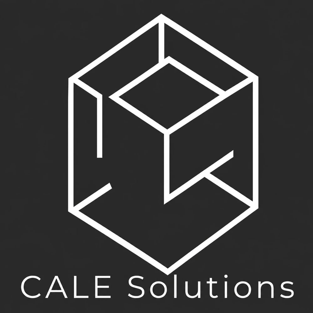 Goldener Schriftzug mit aufsteigendem Balkendiagramm, daneben der Text "CALE Solutions".