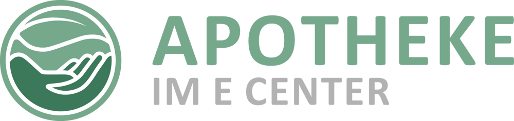 Logo: Kreis mit Hand und Blatt, daneben "APOTHEKE IM E CENTER" in Grün und Grau.