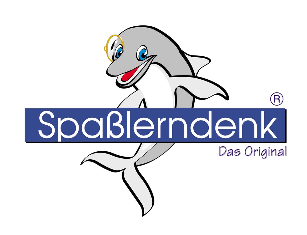 Logo mit lächelndem Delfin mit Monokel und dem Schriftzug Spaßlerndenk - Das Original auf blauem Balken.