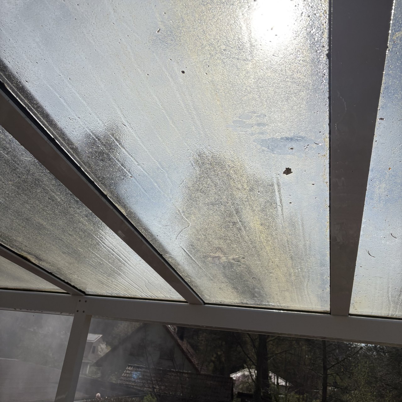 Schmutziges Glasdach eines Gewächshauses mit Sonnenlicht, das durch die Scheiben scheint.