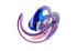 Abstrakte, glänzende, violette und blaue Skulptur aus verdrehten Bändern auf dunkelgrünem Hintergrund.