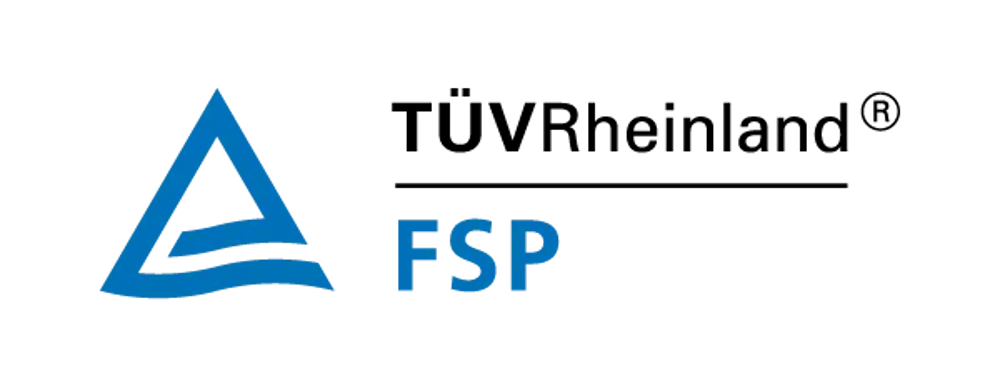 Blaues FSP Logo mit einem stilisierten Dreieck und Wellenlinie auf schwarzem Hintergrund.