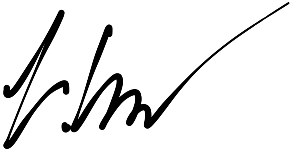 Schwarze, geschwungene Unterschrift auf dunkelgrünem Hintergrund.