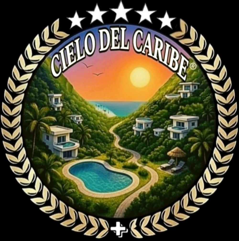 Logo "CIELO DEL CARIBE" mit fünf Sternen, tropischer Landschaft, Villen, Pool und Sonnenuntergang.