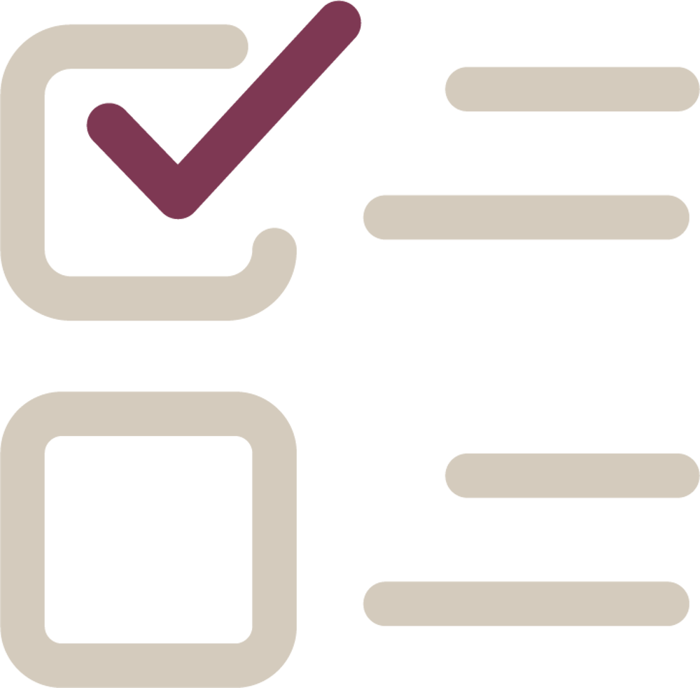 Checkliste mit einem Häkchen in der oberen Box und zwei leeren Boxen darunter, daneben Linien. Das Symbol für die Sondereigentumsverwaltung.