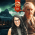 A smiling woman with glasses and long dark hair in front of a mountainous landscape under the Northern Lights with "WORLDS WITHOUT END" and an older man.