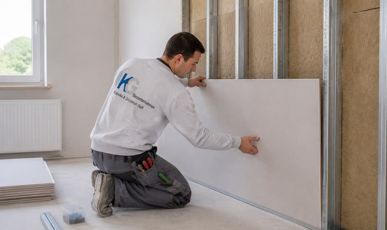 Trockenbauer von K&G Bauunternehmen setzt eine Gipskartonplatte an das Ständerwerk