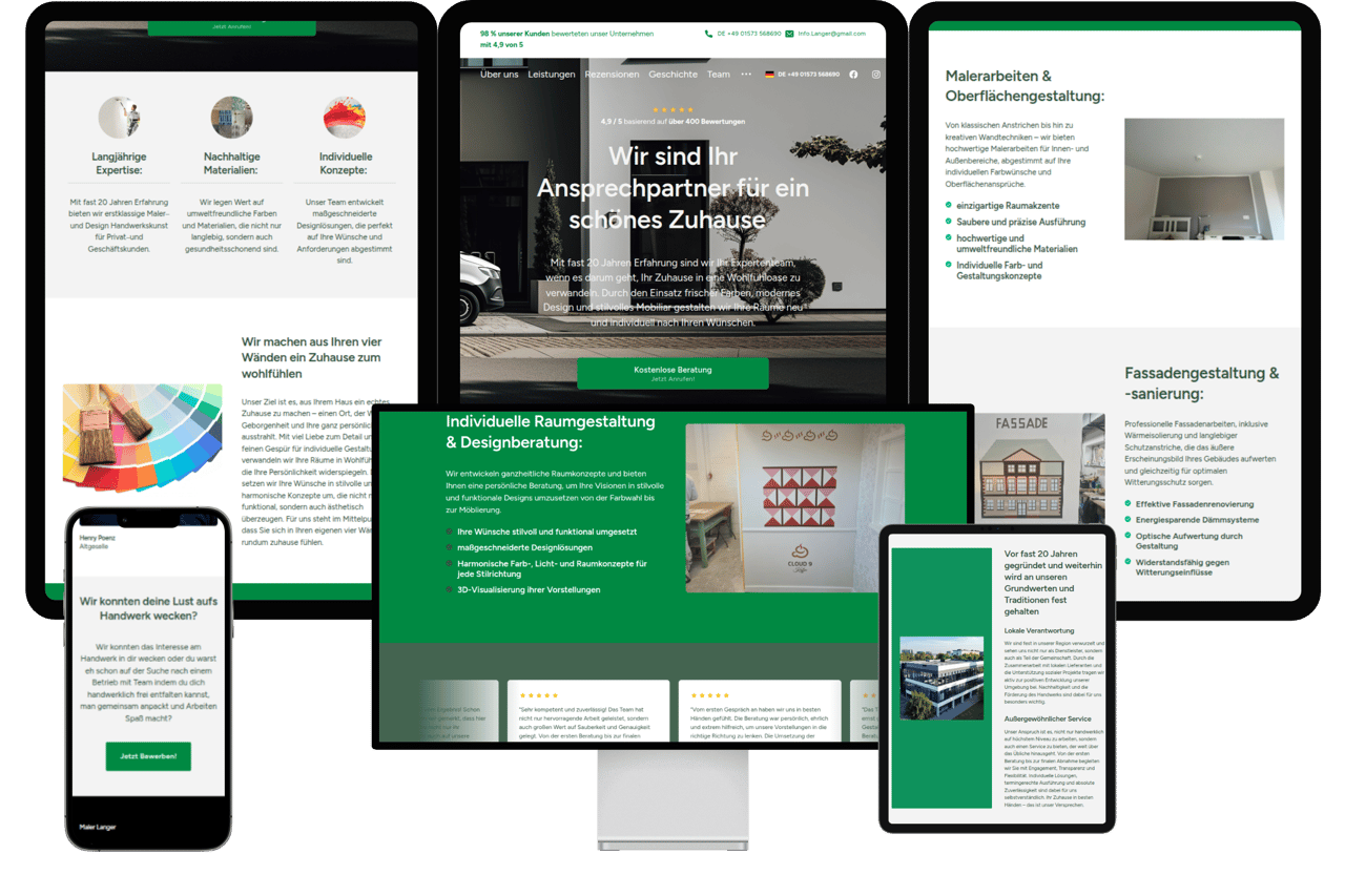 Responsive Webdesign einer Maler-Website auf Monitor, Tablet und Smartphone.