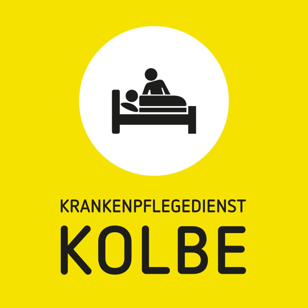 Logo: Eine Person im Bett, eine weitere Person daneben. Text: KRANKENPFLEGEDIENST KOLBE.