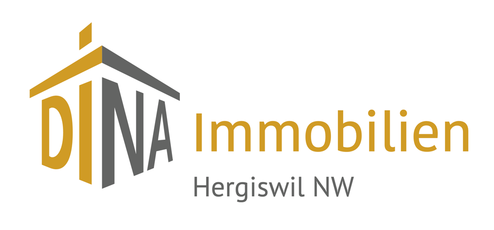 DINA Immobilien Hergiswil NW Logo mit stilisiertem Haus und goldenem DINA Text.