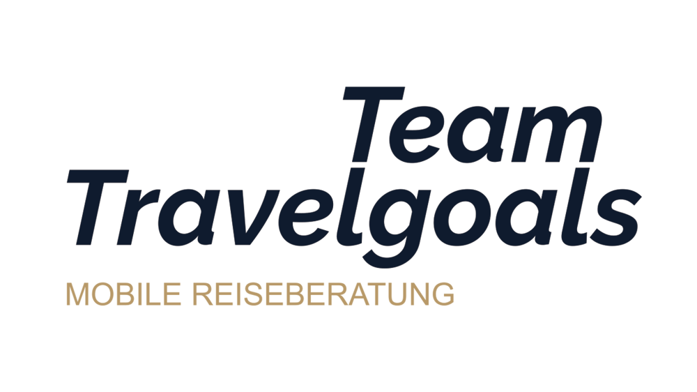 Logo Team Travelgoals Mobile Reiseberatung in Dunkelblau und Gold auf schwarzem Hintergrund.