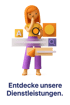 3D-Figur einer Frau, die nachdenklich vor Suchleisten und Icons steht, mit Text "Entdecke unsere Dienstleistungen".