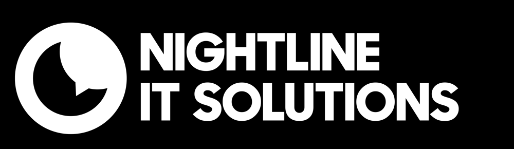 White crescent moon icon and "NIGHTLINE IT SOLUTIONS" text on a black background.