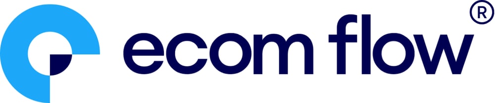 Blaues ecom flow Logo mit einem kreisförmigen Symbol links und dem Markennamen in dunkelblauer Schrift.