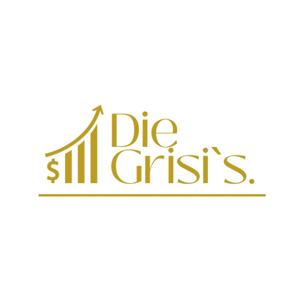 Goldenes Logo "Die Grisi's" mit aufsteigendem Balkendiagramm und Dollarzeichen auf grünem Hintergrund.