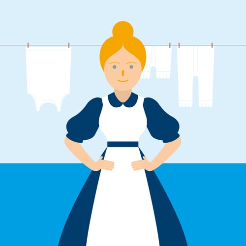 Illustration einer Beueler Waschfrau mit Schürze vor Wäscheleine am Rhein