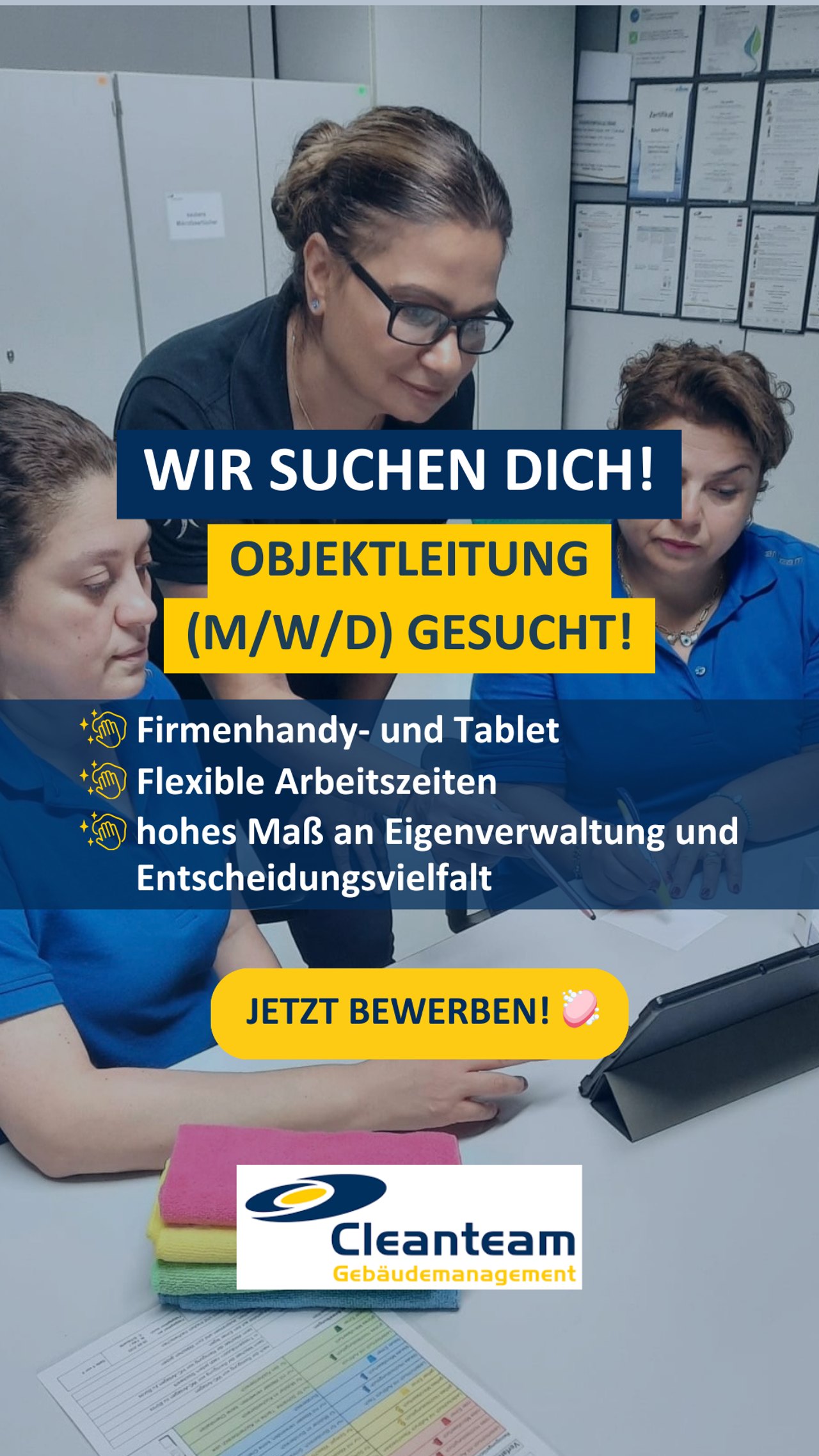 Recruiting-Anzeige CTG Cleanteam: drei Frauen im Büro, „Objektleitung (m/w/d) gesucht!“