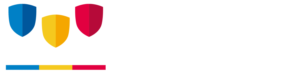 Meisterbetrieb der Maler und Lackierer Innung mit drei farbigen Schildern in Blau, Gelb und Rot.