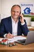 Ein lächelnder Ralf Talaga in einem Anzug telefoniert, schreibt Notizen an einem Schreibtisch mit Laptop, Hausmodell und einem Schild mit der Aufschrift "Baufinanzierung" im Hintergrund.