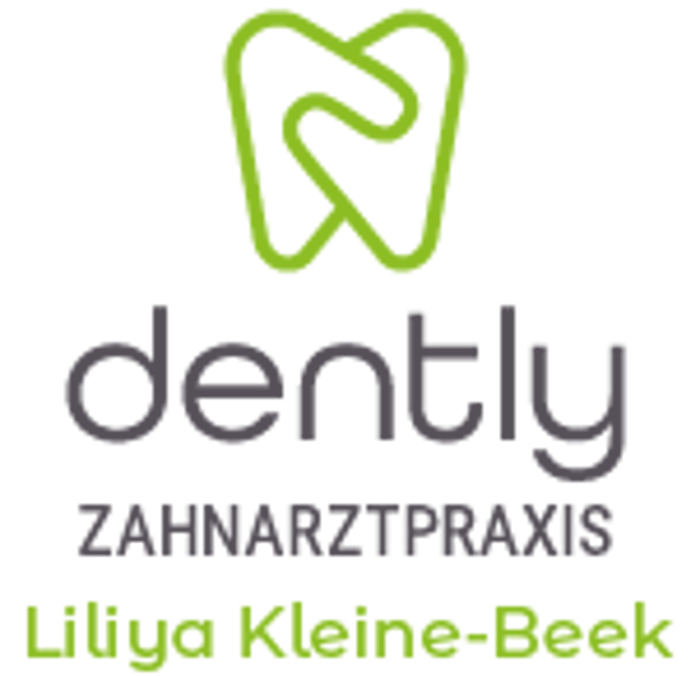 Grünes Logo: Zahnform über "dently ZAHNARZTPRAXIS Lillya Kleine-Beek" auf dunkelgrünem Hintergrund.