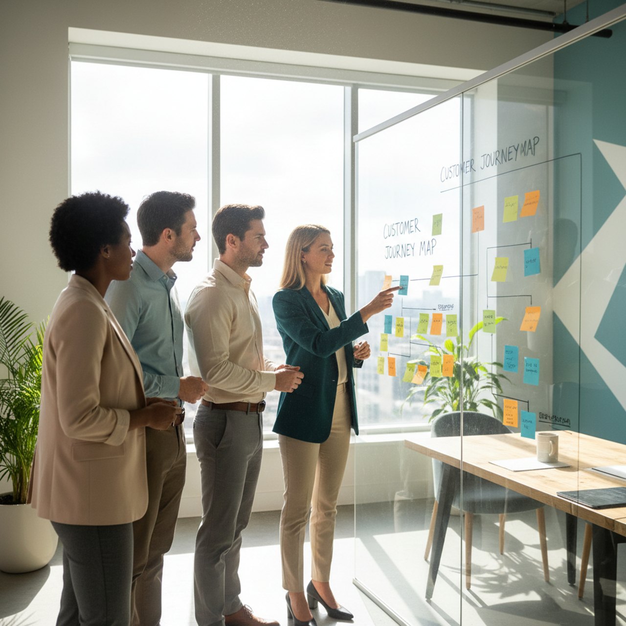 Two teams collaborating around a whiteboard mapping a customer journey