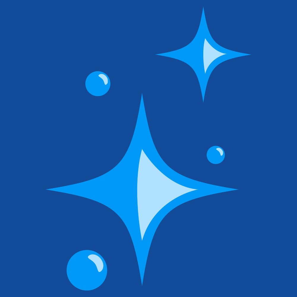 Drei hellblaue Sterne und drei blaue Blasen auf dunkelblauem Hintergrund.