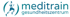 Türkises Logo von meditrain Gesundheitszentrum mit einer stilisierten laufenden Person in einem Kreis auf schwarzem Grund.