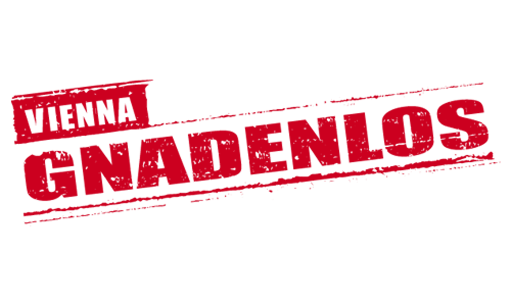 Roter Stempelaufdruck mit dem Text Vienna Gnadenlos im Grunge-Stil auf schwarzem Hintergrund.