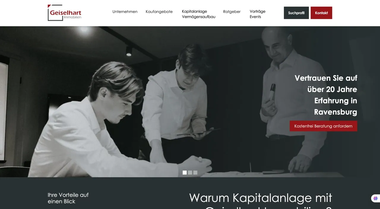 Startseite der neuen Website von Geiselhart Immobilien