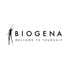 Biogena Logo: stilisierte menschliche Figur, die einen Punkt hochhält, daneben der Text "BIOGENA WELCOME TO YOURSELF".