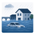 Überschwemmte Straße mit Haus, Brücke und Auto im Regen unter dunklen Wolken - Krisenstab-Software Notfall- und Krisenmanager (NKM®).