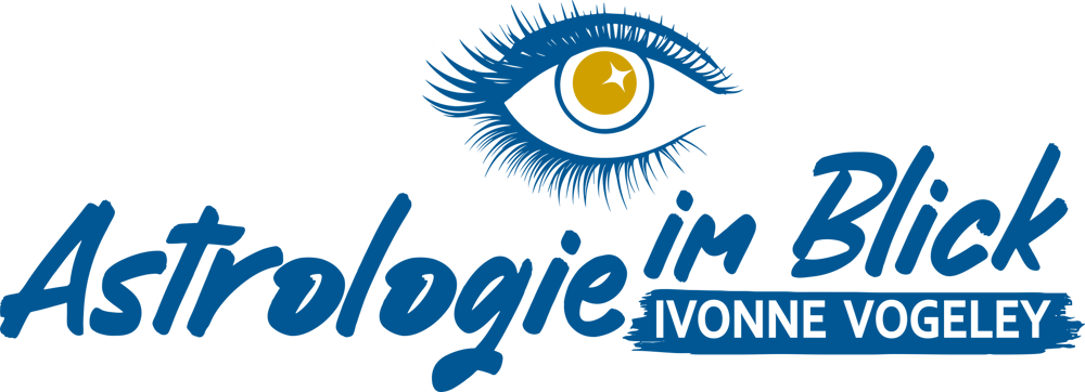 Logo: Blaues Auge mit Stern in der Pupille über dem Text "Astrologie im Blick YVONNE VOGELEY".