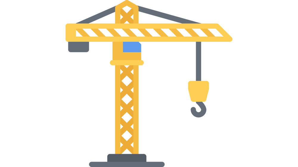 Gelber Baukran. Er symbolisiert die modernen Hilfsmittel und hochwertige Ausstattung, die den Mitarbeitern der Schiffer Bedachungen zur Verfügung stehen.