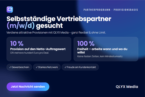 Dunkle Grafik mit QLYX Logo: Selbstständige Vertriebspartner (m/w/d) gesucht – 10% Provision, 100% Freiheit