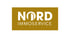 Logo von NORD IMMOSERVICE mit Gebäudeform im Buchstaben "O" auf goldbraunem Hintergrund.