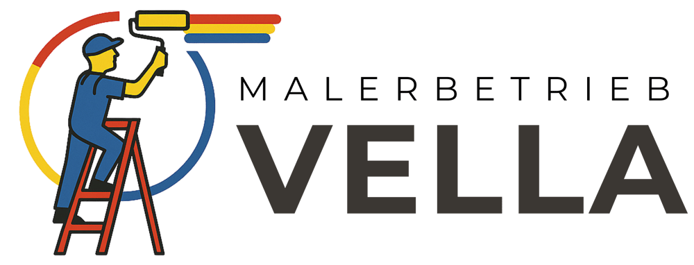 Pinsel mit roten, blauen und grünen Farbstreifen, daneben der Text „Malerbetrieb Renovierungen Vella“