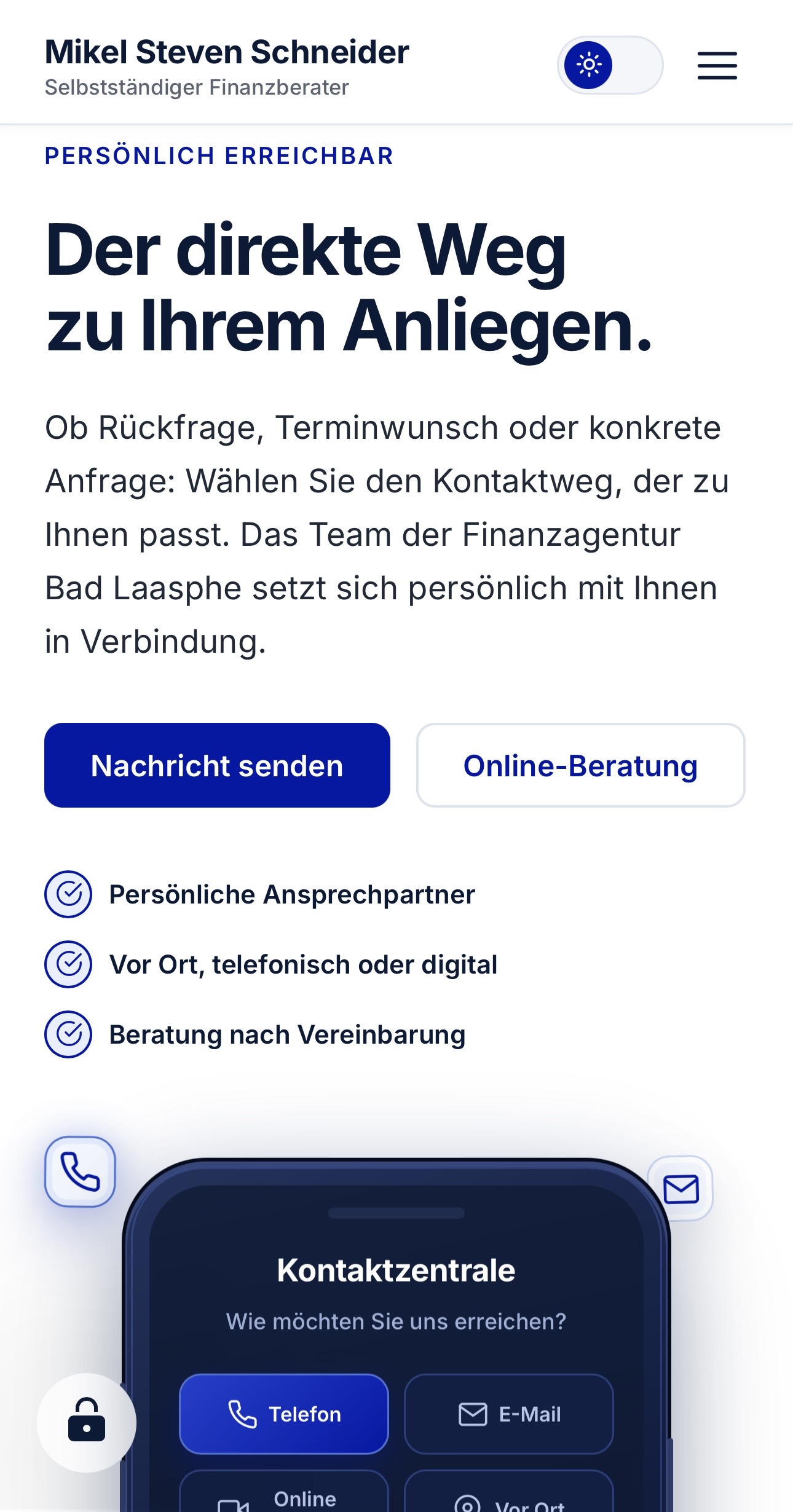 Mikel Steven Schneider – Mobilansicht der Website