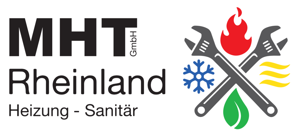 MHT GmbH Rheinland Heizung - Sanitär Logo mit gekreuzten Schraubenschlüsseln, Flamme, Schneeflocke, Blättern und Wellen.