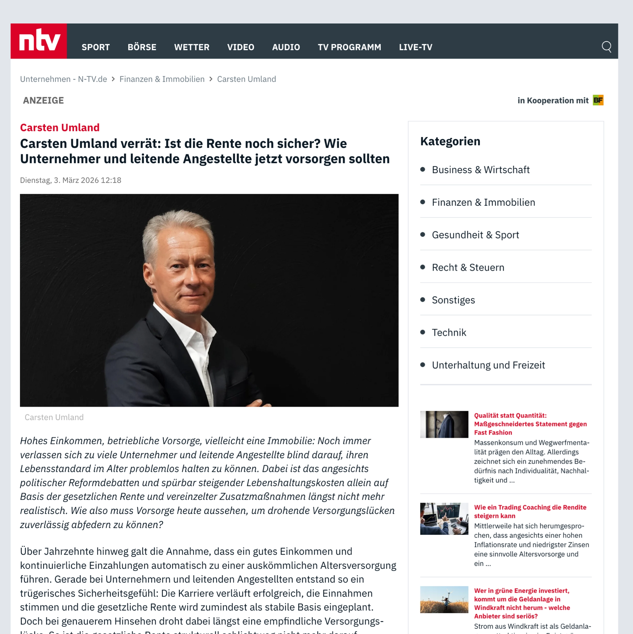 Screenshot des Beitrags bei n-tv
