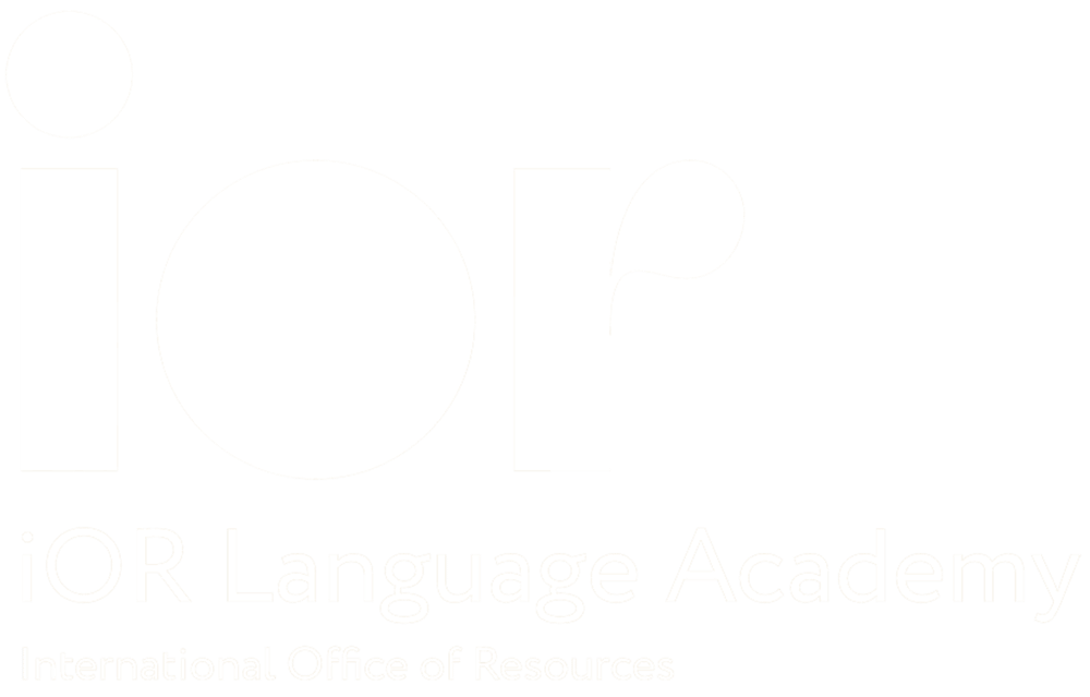 iOR Language Academy Logo mit Schriftzug "International Office of Resources" auf dunkelgrünem Hintergrund.