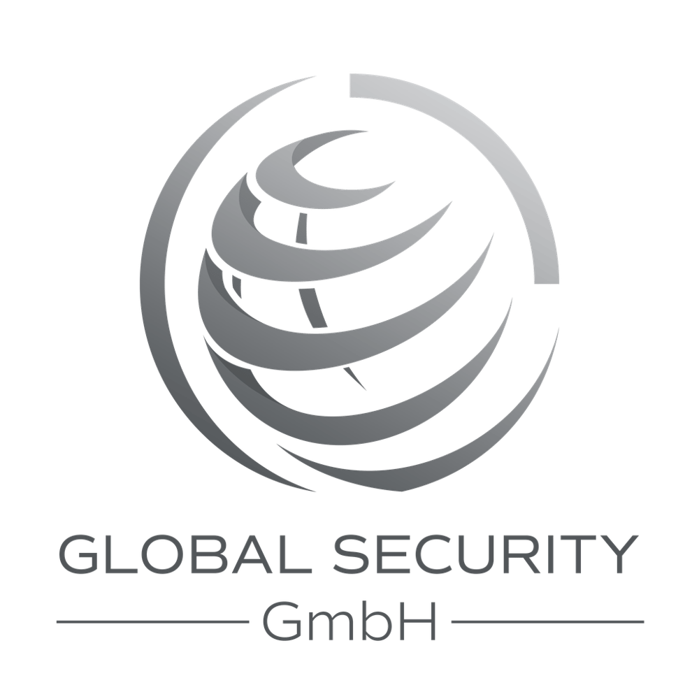 Global Security GmbH Logo: Metallisches Globus-Symbol über dem Schriftzug "Global Security GmbH".