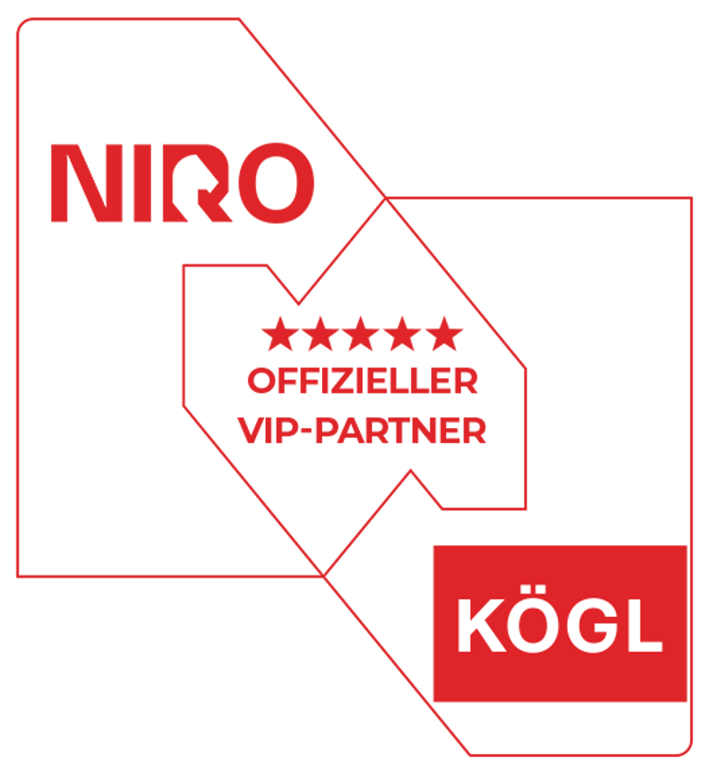 NIRO und KÖGL Logos mit Schriftzug "OFFIZIELLER VIP-PARTNER" und 4 Sternen in Rot auf Grün.