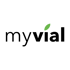 Myvial-Logo in Schwarz mit grünem Blatt über dem "i" auf dunkelgrünem Hintergrund.