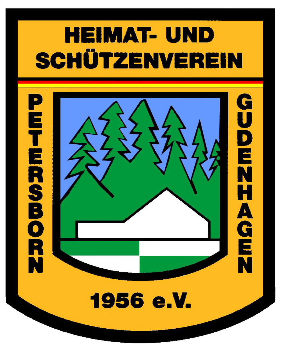 Emblem des Heimat- und Schützenvereins Petersborn Gudenhagen 1956 e.V. mit Wald, Haus und deutscher Flagge.
