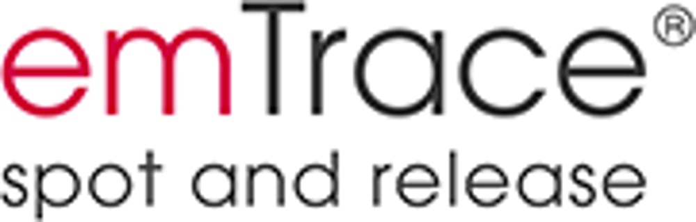 emTrace® spot and release Logo mit roter Schrift "em" und schwarzer Schrift "Trace", darunter "spot and release".